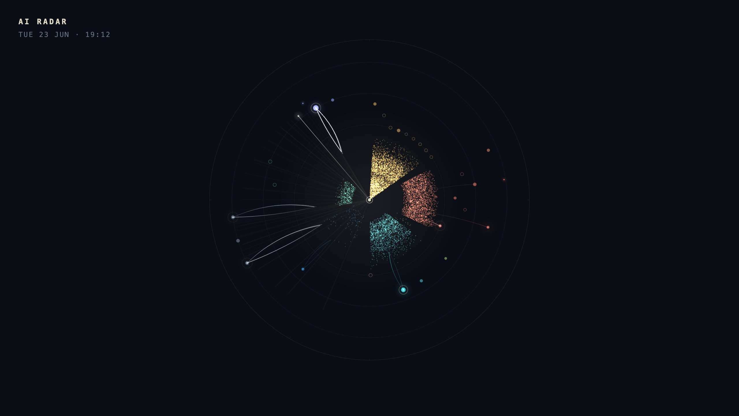 Still frame from the collaboration radar: an animated radar of five months of human-AI collaboration, showing agent activity, memory accretion at the centre, and the beam of human attention.